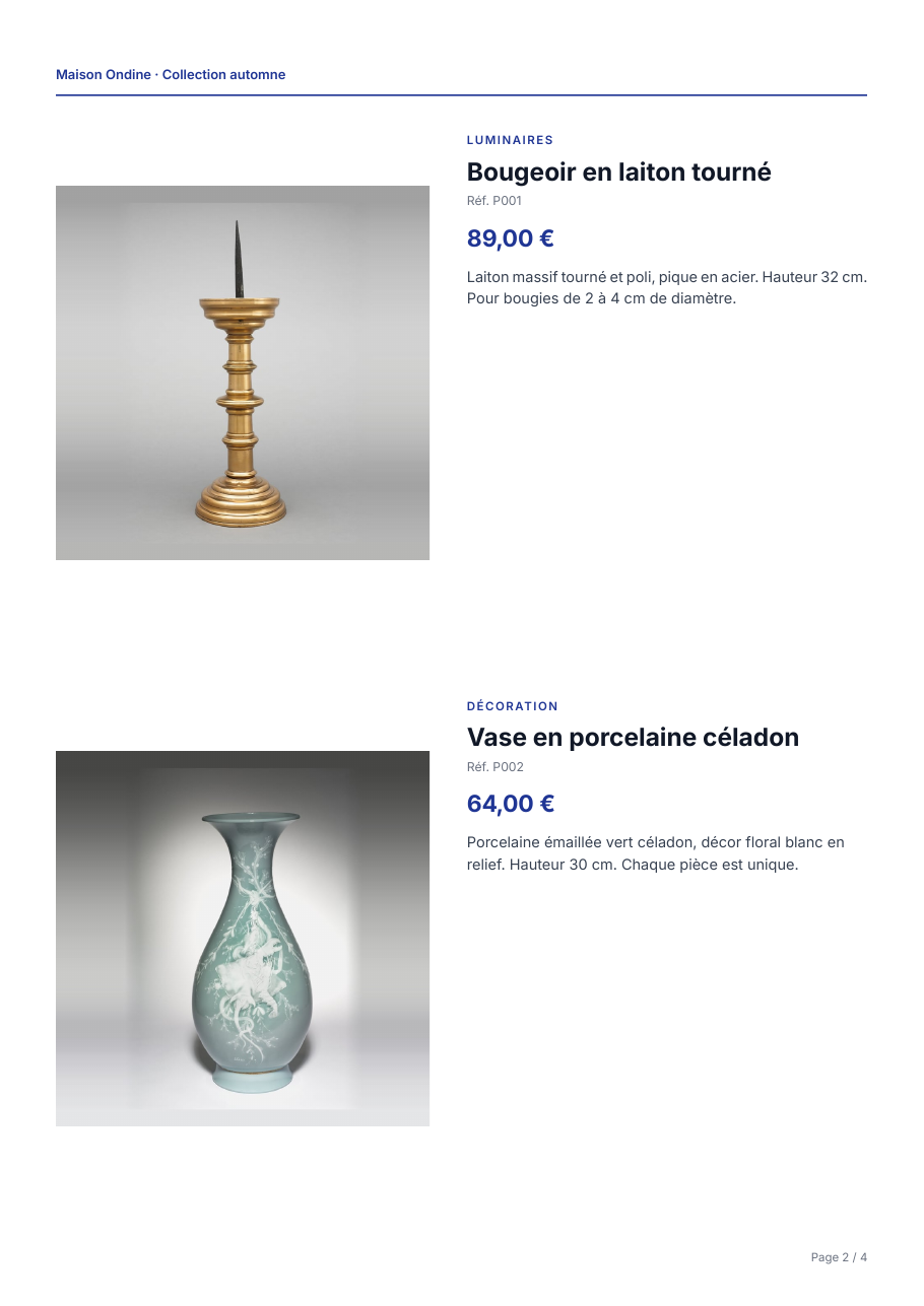 Page du modèle Premium : un produit par demi-page, grande photo et description